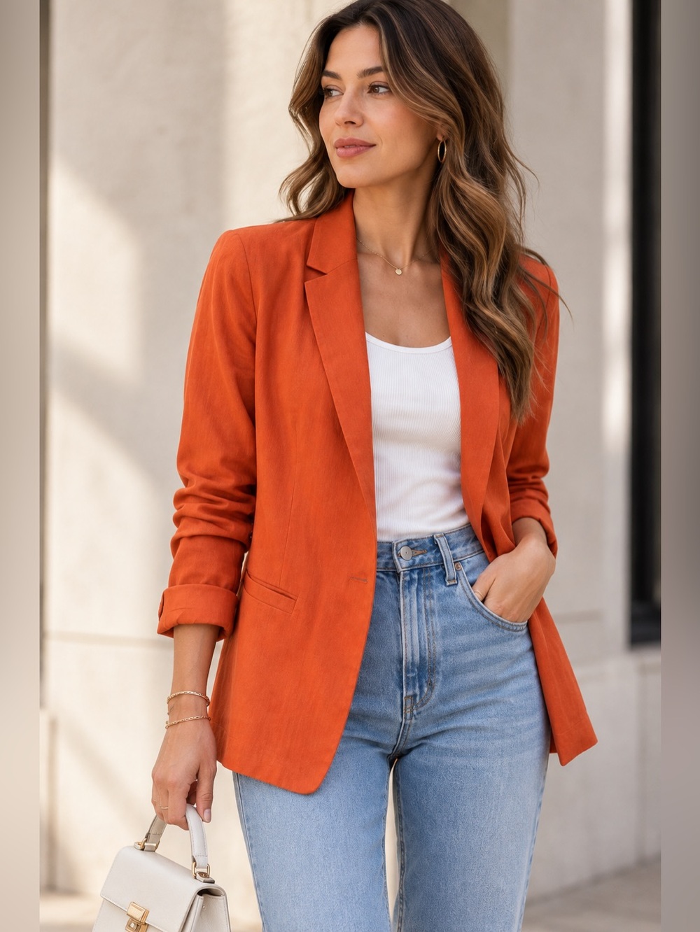 Frenchi Women’s Orange Blazer Size L Lightweight Open Front Jacket Chic Layering